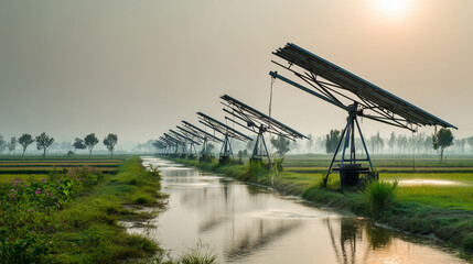 Solar-powered irrigation systems installed along a canal in rural farmland, efficiently providing water to rice fields under the soft light of the setting sun.