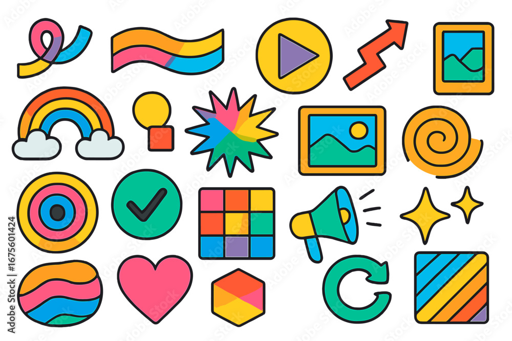 Poster vibrant icon set. collection of colorful modern graphic elements. abstract shapes for design. vector