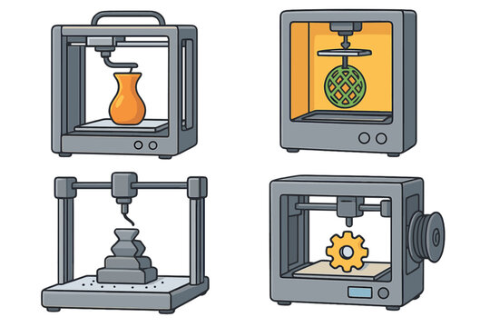 3D printer vector icon set. Additive manufacturing technology for rapid prototyping. Cartoon illustration of various machines printing models like gears, vases and other objects.