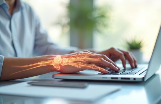 Close-up on person hands typing on laptop, showing digital overlay of inflamed wrist bones. Illustrates repetitive strain injury RSI carpal tunnel syndrome pain, discomfort, nerve compression, poor - Powered by Adobe