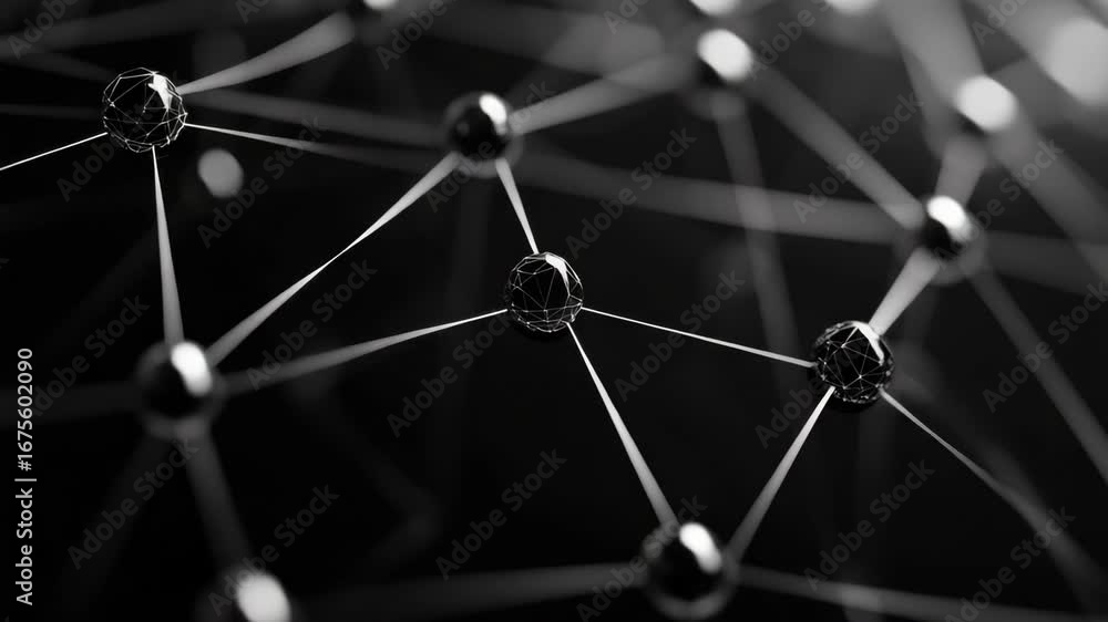 Poster a black and white of a network of lines and spheres. the spheres are connected to each other by line