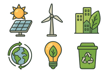 Renewable energy icon set. Sustainability and ecology concept. Vector icons of solar panel, wind turbine, green city, planet earth and recycling bin. Eco friendly power.