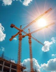 Two orange construction cranes extend towards bright, sunny sky with scattered clouds. Scene captures of urban development, industrial progress. Metal structures rise against blue expanse, ongoing