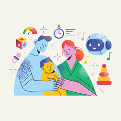 AI and Robotics in Family Life: A Vector Illustration of a Robotic Assistant Helping with Childcare and Modern Parenting. Flat vector illustration. Assistant agent concept