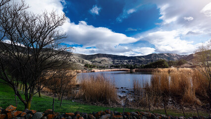 Beautiful pond in the mountains of Georgia in the spring