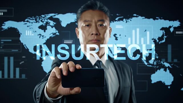 Businessman Holding Smartphone Showing Insurtech Data on World Map
