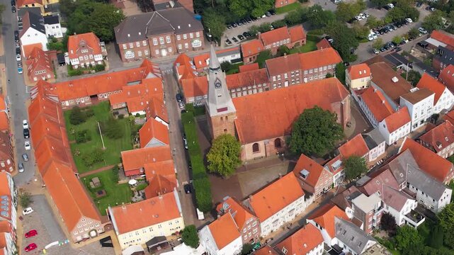 Aerial panorama of the downtown of the city Tonder in Denmark on a sunny summer day.