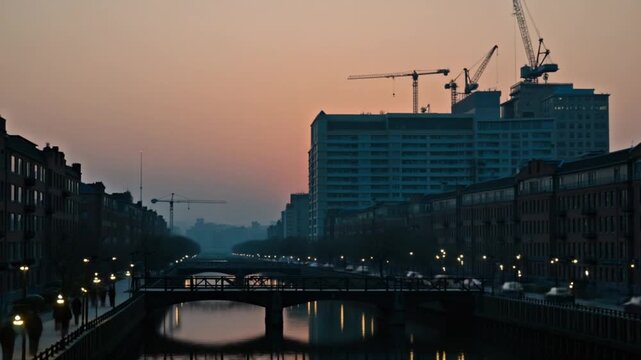 Urban building with industrial design near water at sunset