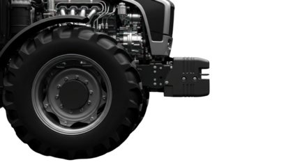 Dramatic monochrome closeup highlighting the robust engineering of agricultural machinery
