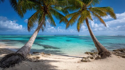 Fototapeta premium Tropical Beach with Palm Trees and Clear Blue Water Under Sky