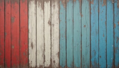 Weathered wooden planks with vertical stripes in red, white, and blue. The distressed wood surface shows natural grain and peeling paint, creating a vintage, textured background.