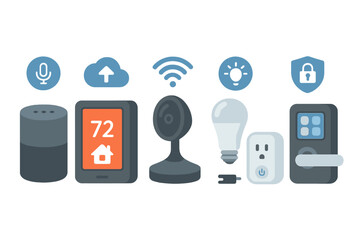 Smart home automation devices and icons set. Internet of Things (IoT) technology concept. Vector graphic of speaker, thermostat, camera, light, plug, lock. Connectivity.