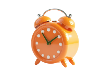 Bright orange cartoon alarm clock in plastic style displaying a cheerful and playful design suitable for children's rooms or playful settings at any time of day