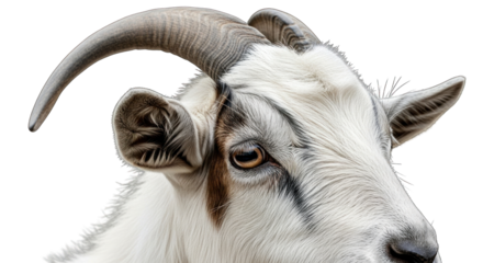Detailed portrait revealing the captivating features of a domestic goat on black backdrop