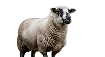 Striking portrait of a sheep with distinct black and white facial markings on a stark background