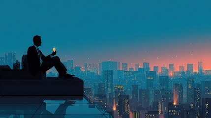 Fototapeta na wymiar Businessman sitting on rooftop enjoying city view at night with smartphone