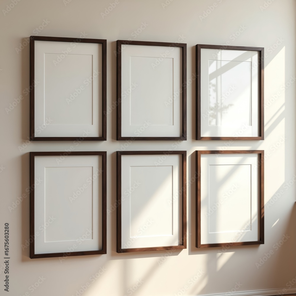 Poster six dark wood frames arranged vertically on plain wall in minimalist interior. sunlight streams in f