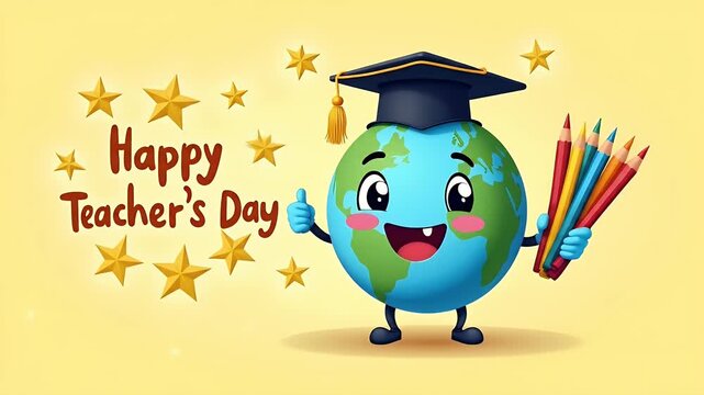 Cartoon-style globe character with smiley face wearing graduation cap, holding pencils in both hands, surrounded by stars and alphabets, cheerful Teacher&rsquo;s Day theme.