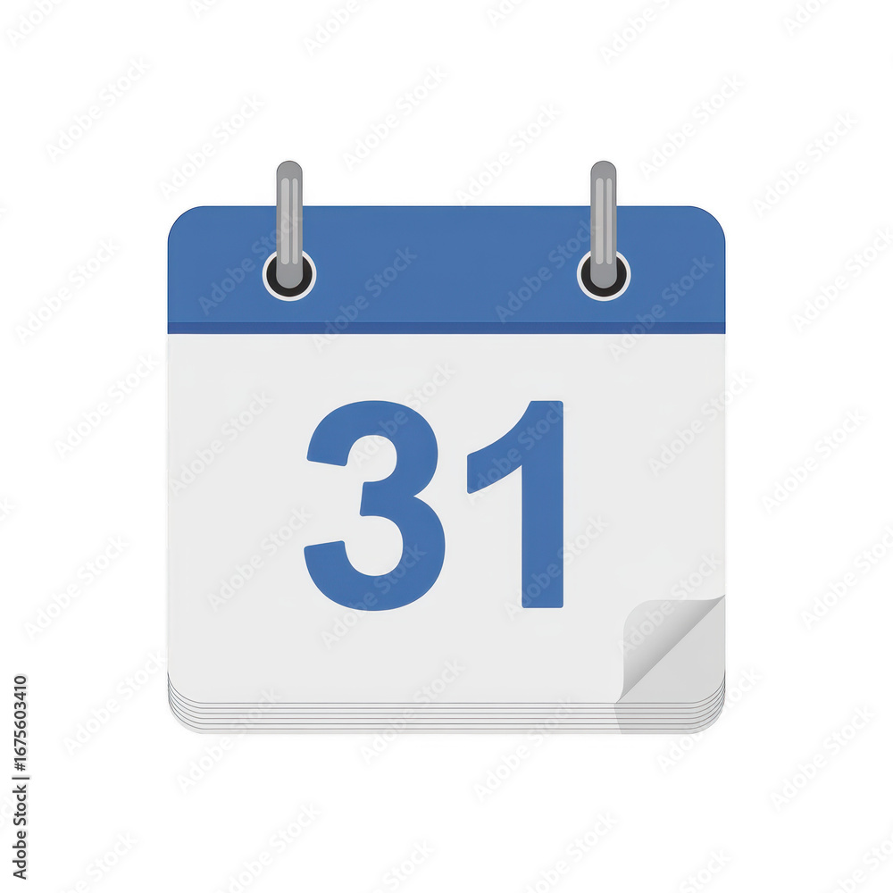 Poster calendar icon displaying the 31st day, isolated on transparent background, representing a specific d