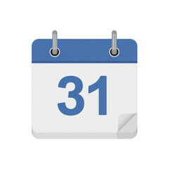 Calendar icon displaying the 31st day, isolated on transparent background, representing a specific date