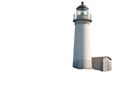 Isolated lighthouse standing on rocky terrain under clear skies with a transparent background for creative projects