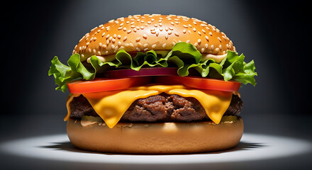 Gourmet beef hamburger with melted cheddar cheese and fresh vegetables, showcased on a dark background with dramatic studio lighting