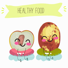 Jujube - exotic tropical fruit, Ziziphus jujuba, funny characters, hand drawn vector art.