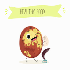 Jujube - exotic tropical fruit, Ziziphus jujuba, funny characters, hand drawn vector art.