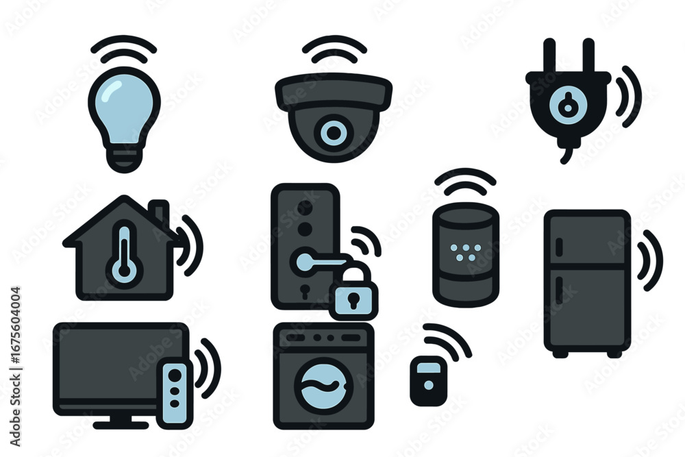 Poster smart home automation icon set. vector illustration of iot devices for a modern house. includes smar