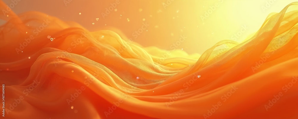 Poster abstract orange, yellow flowing fabric texture with subtle glowing particles, soft light. this elega