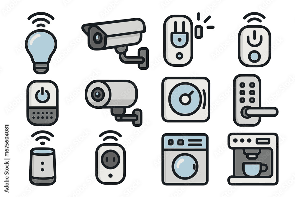 Poster smart home device icon set for home automation system. vector symbols for iot technology, wireless c