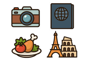 Travel icons set for vacation and tourism. Vector illustration of world travel essentials like camera, passport, food, and famous landmarks like the Eiffel Tower and Colosseum.