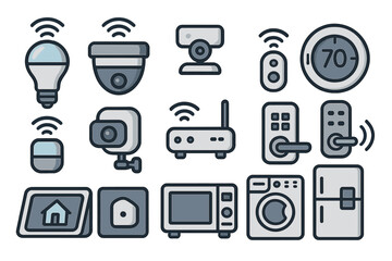 Smart home device icon set. Vector cartoon illustration of IoT technology for home automation. Includes security camera, light bulb, thermostat, smart lock, and appliances.