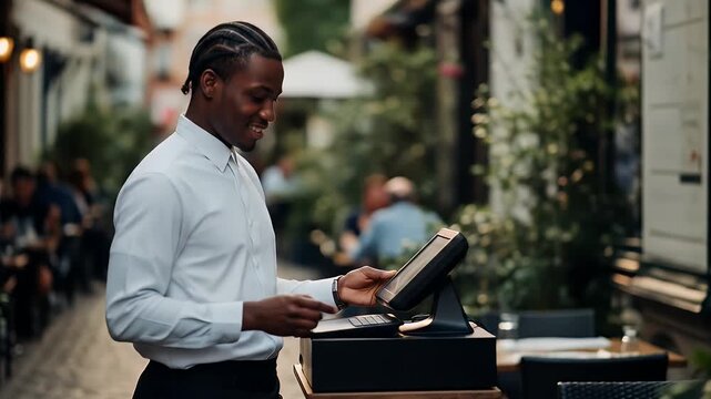 Smiling Black Waiter Taking Order at Outdoor Restaurant Using Modern Touchscreen Device