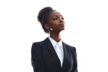 Confident African American businesswoman standing poised against a bright, minimalist background during a sunny day, showcasing professionalism and determination