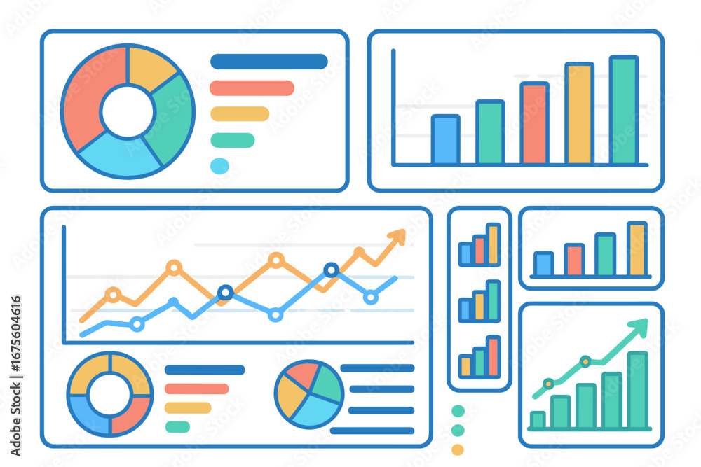Poster set of colorful dashboard ui elements for data analytics and business intelligence. vector infograph
