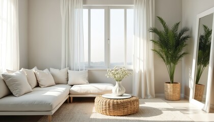Minimalist white living room with abundant natural light, airy feel. Features comfortable sofa, coffee table with floral arrangement, tall palm plant. Elegant Scandinavian styling with clean lines,