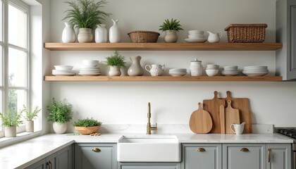 Modern kitchen interior featuring farmhouse sink with gold faucet, complemented by open wood shelving. Shelves display white ceramic dishes, plants, woven basket. Countertops showcase cutting boards,