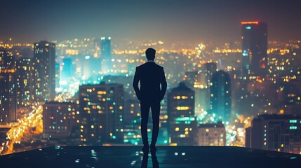 A man stands on a rooftop overlooking the city skyline at night