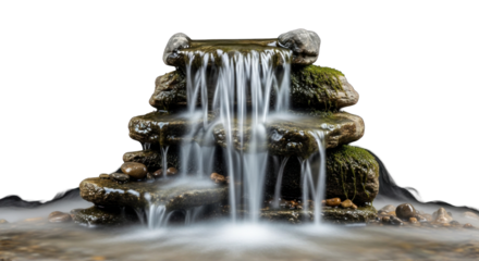 Serene indoor cascade: A miniature waterfall centerpiece against a stark backdrop offers relaxation