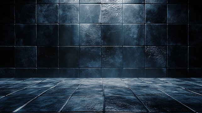 Dark grungy tiled interior room with atmospheric lighting