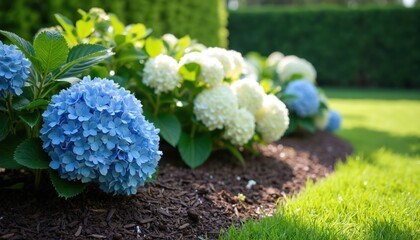 Vibrant blue, white hydrangeas bloom in rich garden, surrounded by fresh mulch, manicured green grass. Sunlight filters through leaves, healthy plant growth, vibrant floral display. Tranquil summer
