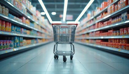 Metal shopping cart with red handles stands empty in supermarket aisle. Shelves stocked with colorful products stretch into distance, creating sense of retail abundance. Clean, modern store