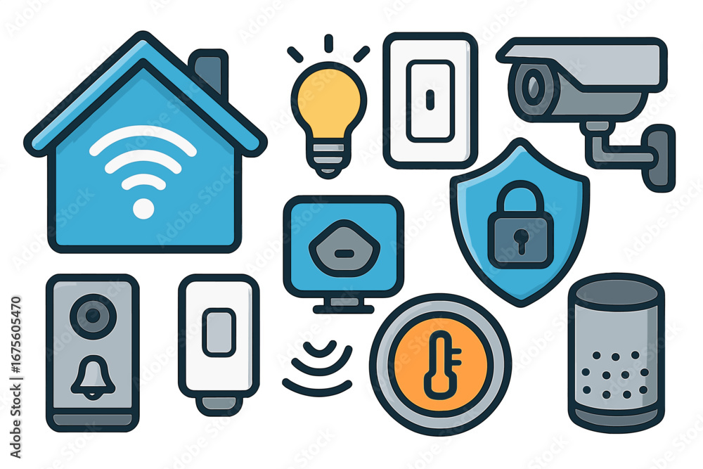 Poster smart home icons collection. home automation vector set with connected devices for security, lightin