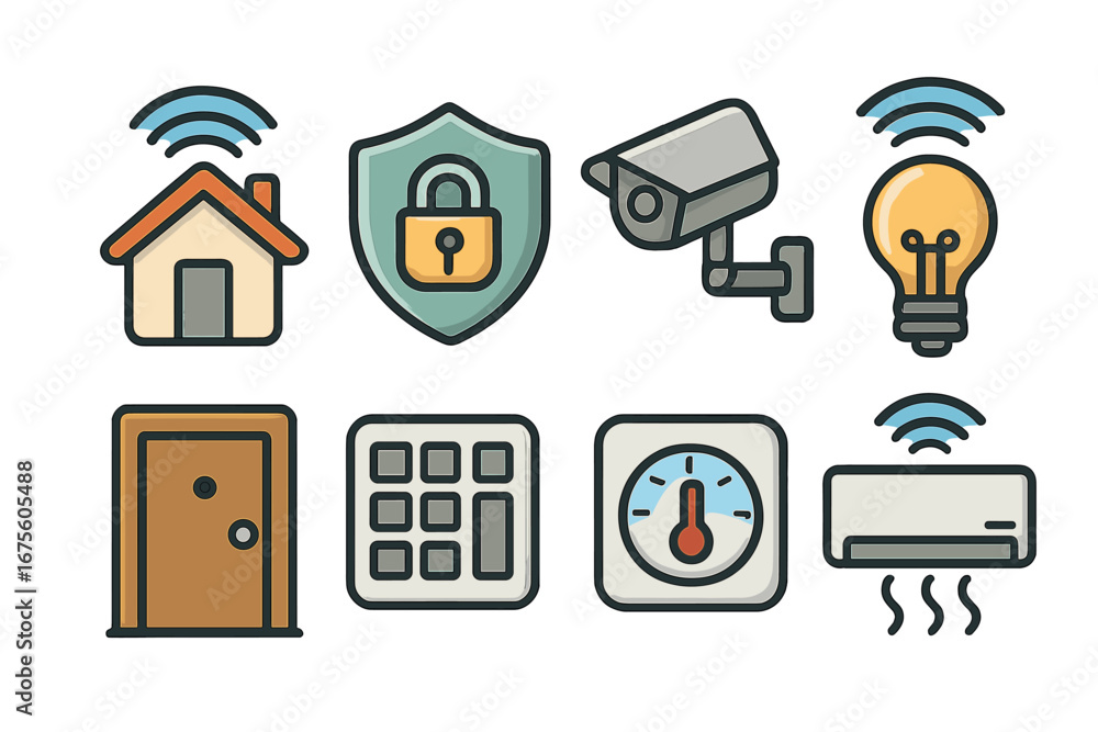 Poster smart home icon set for automation system. vector icons for security, lighting, climate control. con