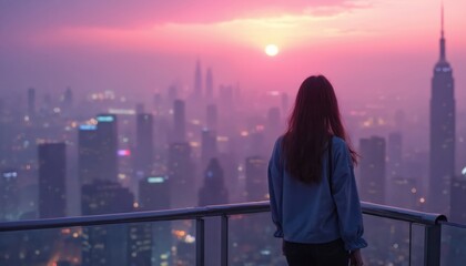 Fototapeta premium Woman looks at foggy cityscape at sunset with pink sky. Skyscrapers, city lights spread across urban sprawl. Misty atmosphere creates contemplative mood overlooking vast metropolis from high