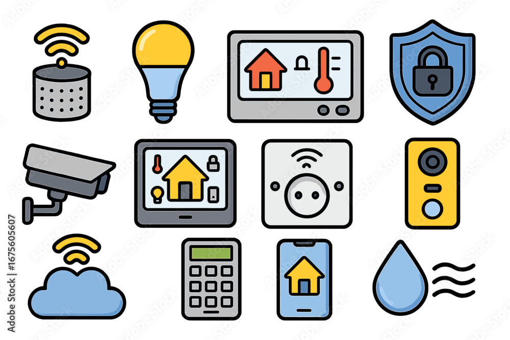 Poster smart home technology vector icon set. home automation concept with remote app control. security sys