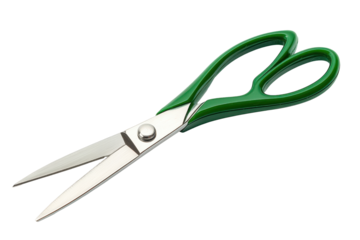 Green handled school scissors isolated for crafting and education, ideal for kids and classroom supplies