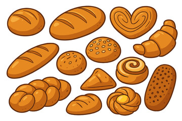 Variety of fresh baked bread and pastry items assortment, cartoon vector illustration with transparent background, bread collection set, bakery goods, baked food icons