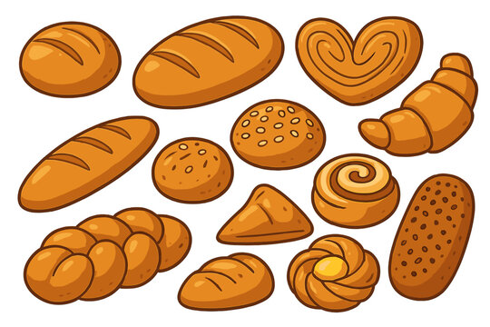 Variety of fresh baked bread and pastry items assortment, cartoon vector illustration with transparent background, bread collection set, bakery goods, baked food icons